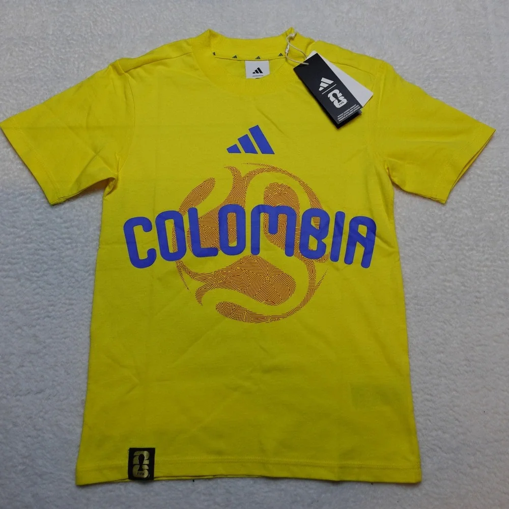 Adidas Colombia Soccer T-Shirt Kids Small Yellow Graphic Tee JZ8879 NWT